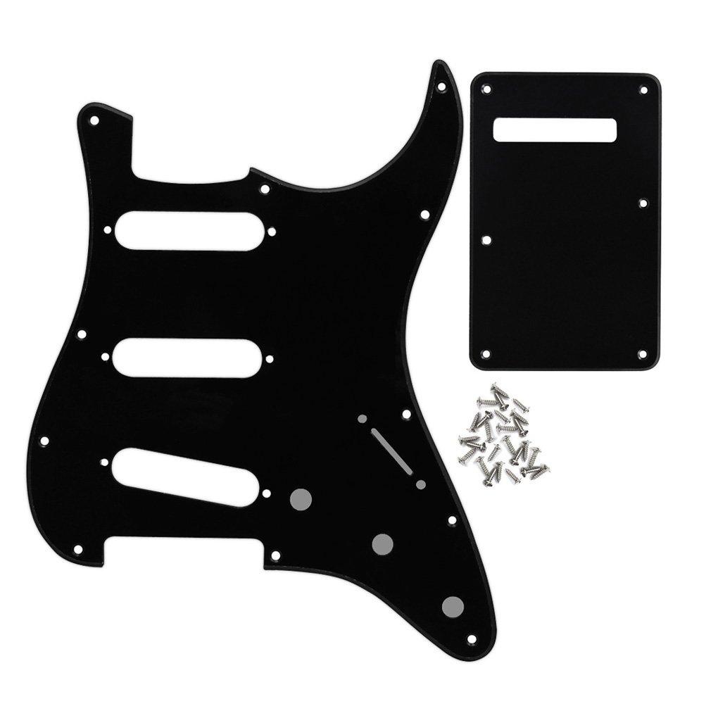 IKN 11 Hole Stratocaster Pickguard SSS Guitar Pick Guard Back Plate with Screws for Fender Standard Strat Guitar Replacement, 1Ply Black
