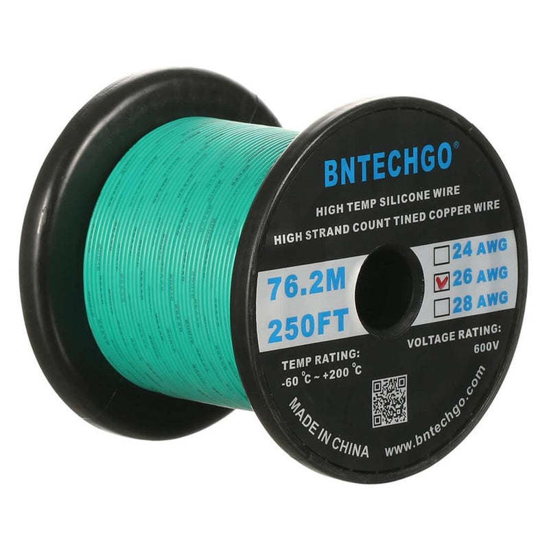 BNTECHGO 26 Gauge Silicone wire spool 250 ft Green Flexible 26 AWG Stranded Tinned Copper Wire silicone wire 250ft silicone wire green