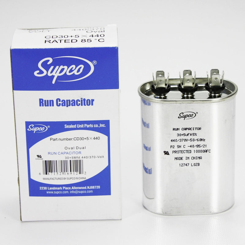 SUPCO CD30+5X440 Dual Motor Run Capacitor, Oval, 30 + 5 Mfd x 440V, 3.625" Height, 1.75" Width, 2.8125" Length