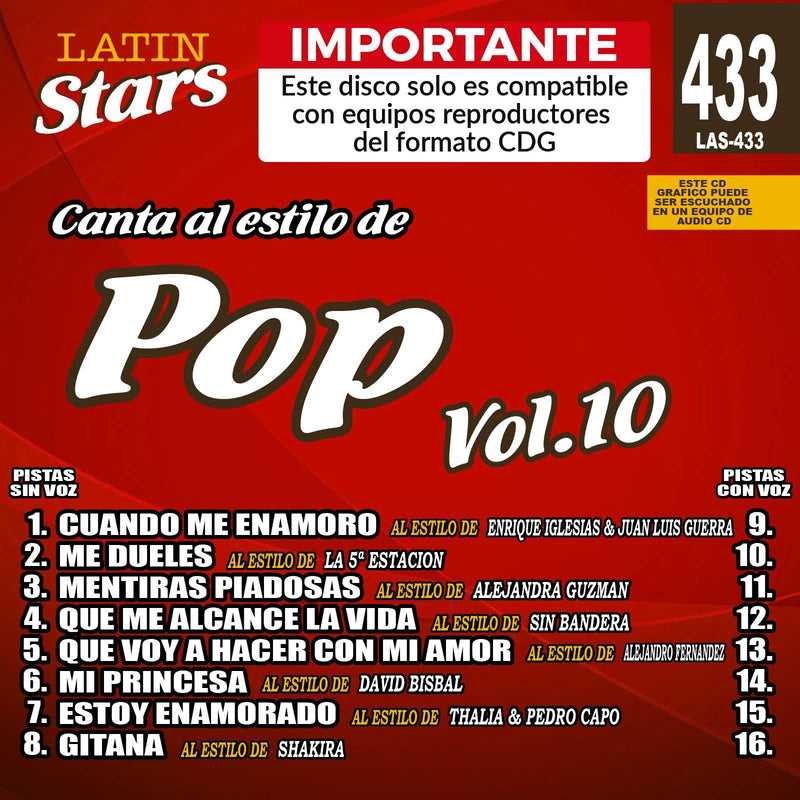 Karaoke Latin Stars 433 Pop Vol.10 - Importante: Este disco solo es compatible con reproductores del formato CDG