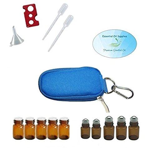 Essential Oil 10 Bottle Keychain Carrying Case, Roller Bottles and Euro Orifice Reducer Bottles, Bottle Opener, Funnel, Pipettes (Blue) Blue