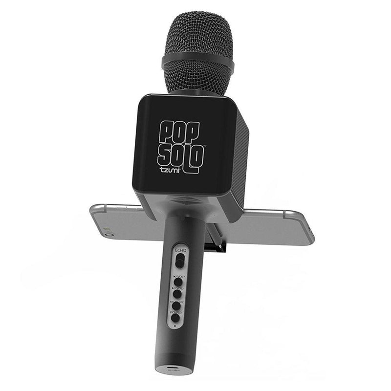 [AUSTRALIA] - Tzumi PopSolo – Rechargeable Bluetooth Karaoke Microphone and Voice Mixer with Smartphone Holder – Great for All Ages (Black) Black 
