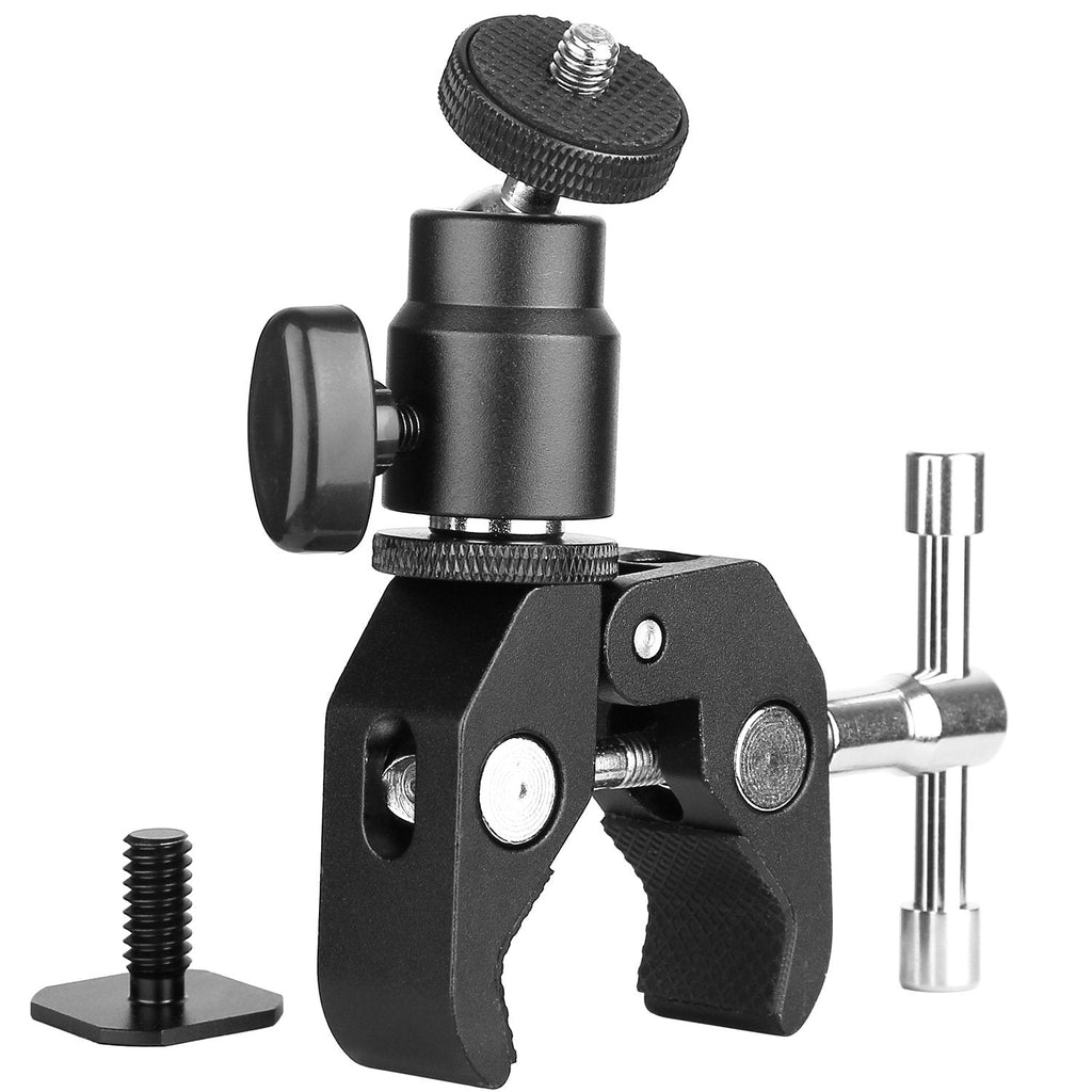 ChromLives Camera Clamp Mount Ball Head Clamp - Super Clamp and Mini Ball Head Hot Shoe Mount Adapter with 1/4'' -20 Tripod Screw for LCD/DV Monitor, LED Lights, Flash Light,Microphone and More black