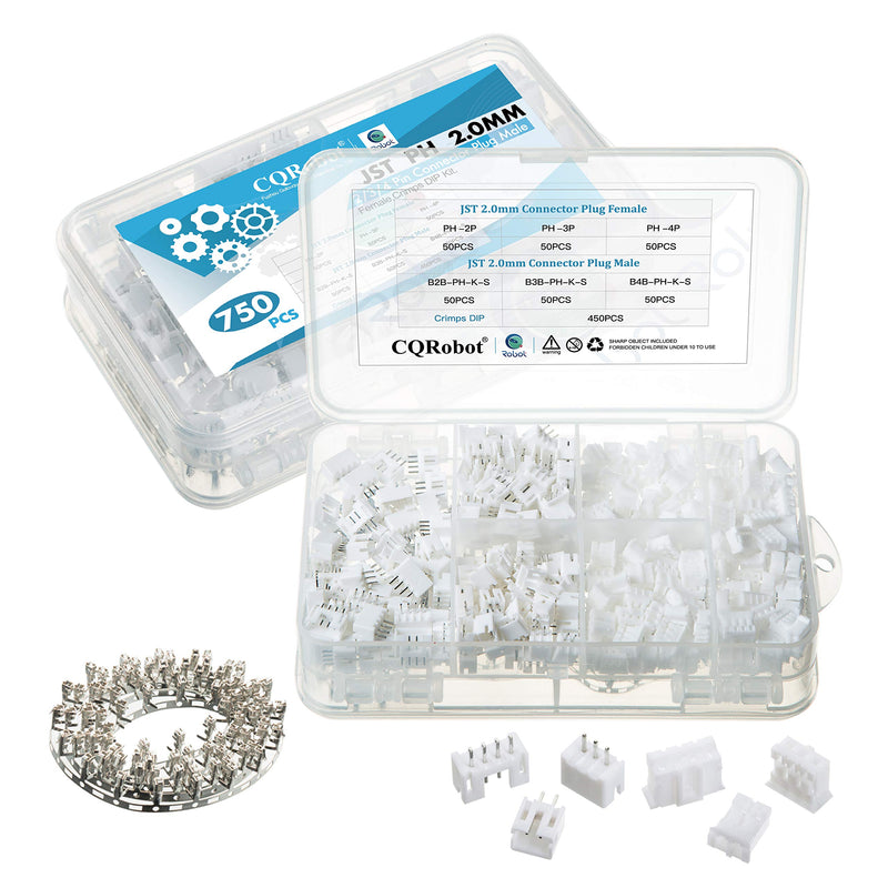 750 Pieces 2.0mm JST-PH JST Connector Kit. 2.0mm Pitch Female Pin Header, JST PH - 2/3 / 4 Pin Housing JST Adapter Cable Connector Socket Male and Female, Crimp DIP Kit. JST-PH2.0 PH 2P/3P/4P