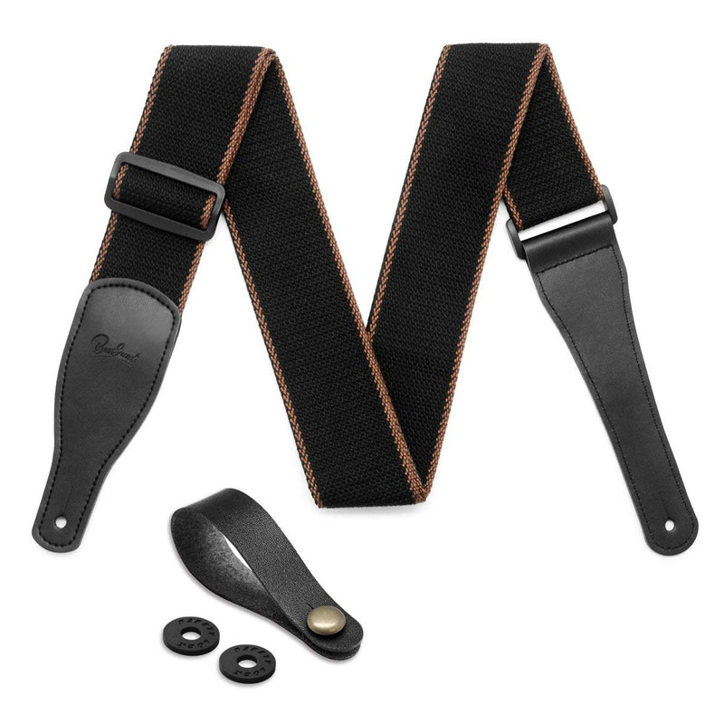 Guitar Strap for Acoustic, Electric & Bass Guitars with 1 Leather Strap Button and 2 Strap Locks - Cotton and Leather Ends Black