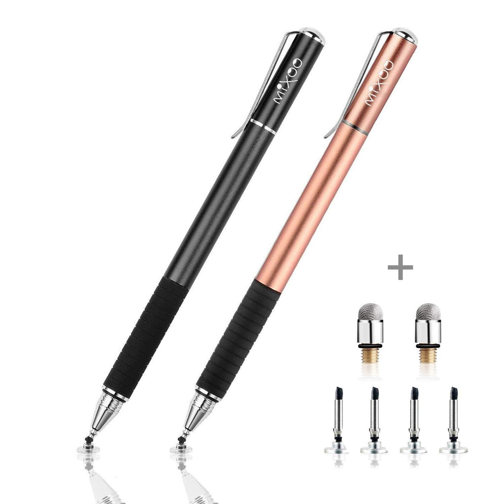 Mixoo 2-in-1 Precision Disc & Fiber Stylus with Replaceable Tips for Capacitive Touch Screen Devices (Black/Rose Gold) Black/Rose Gold
