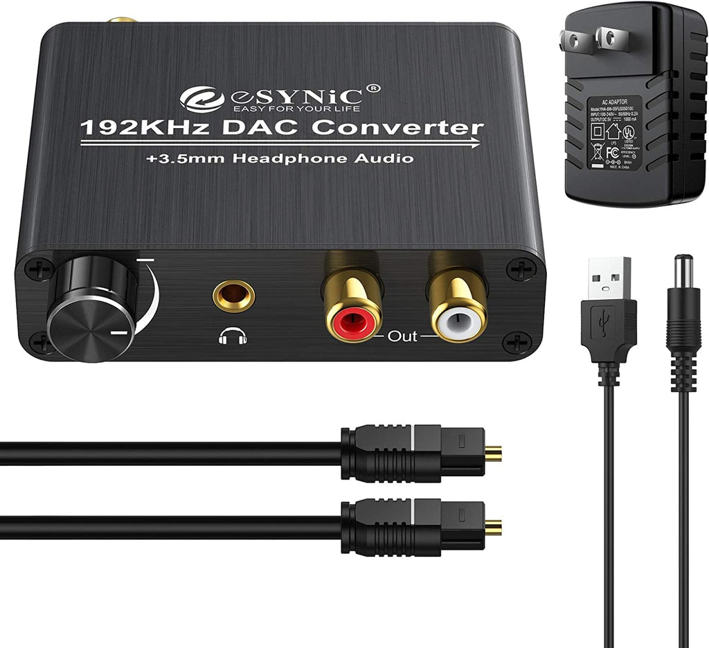 192kHz DAC Converter eSynic Digital to Analog Converter Volume Control Digital Optical Coaxial Toslink to Analog Stereo L/R RCA 3.5mm Audio Adapter with Power Plug for DVD PS3 PS4 TV Amps Home Cinema