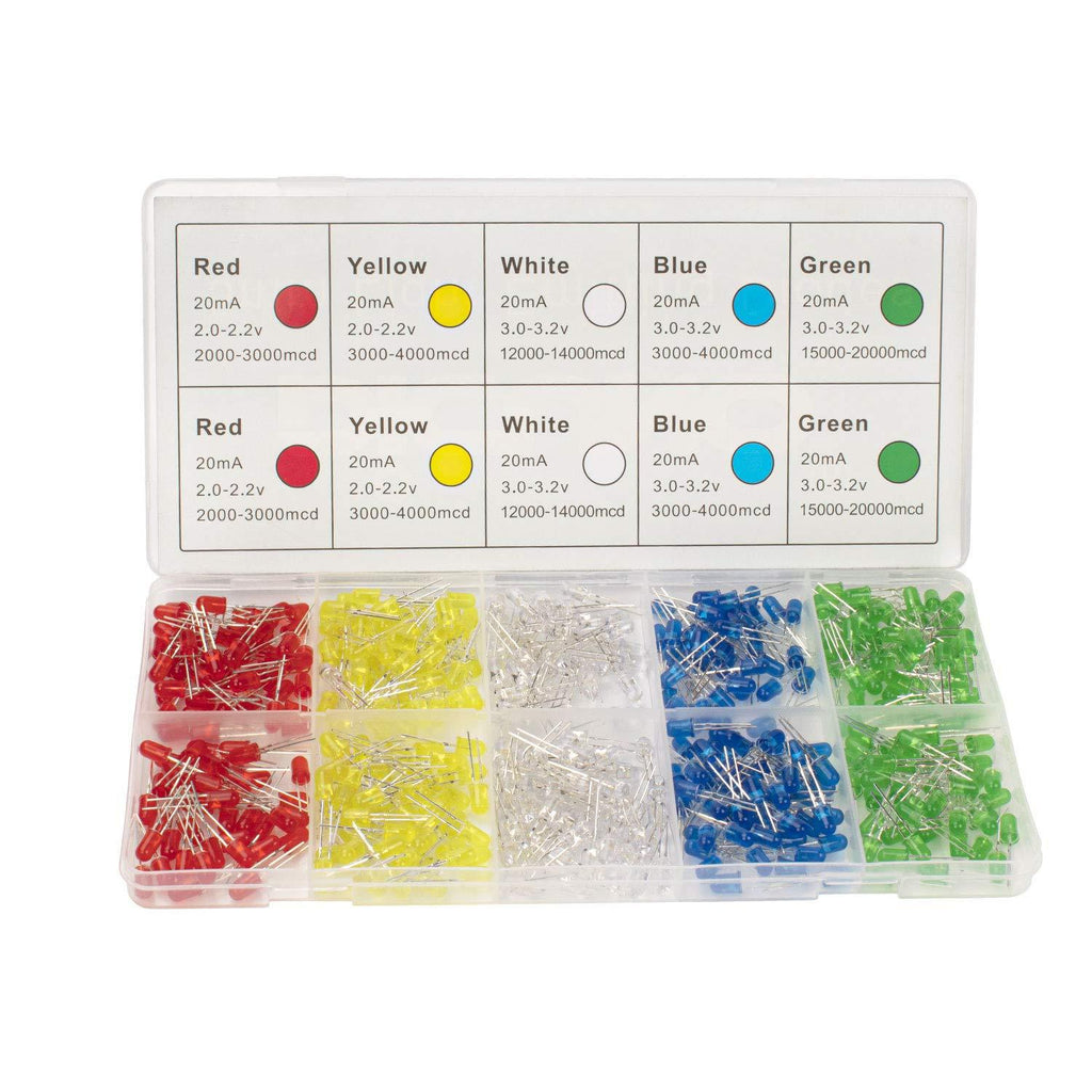 DiCUNO 450pcs (5 Colors x 90pcs) 5mm LED Light Emitting Diode Round Assorted Color White/Red/Yellow/Green/Blue Kit Box