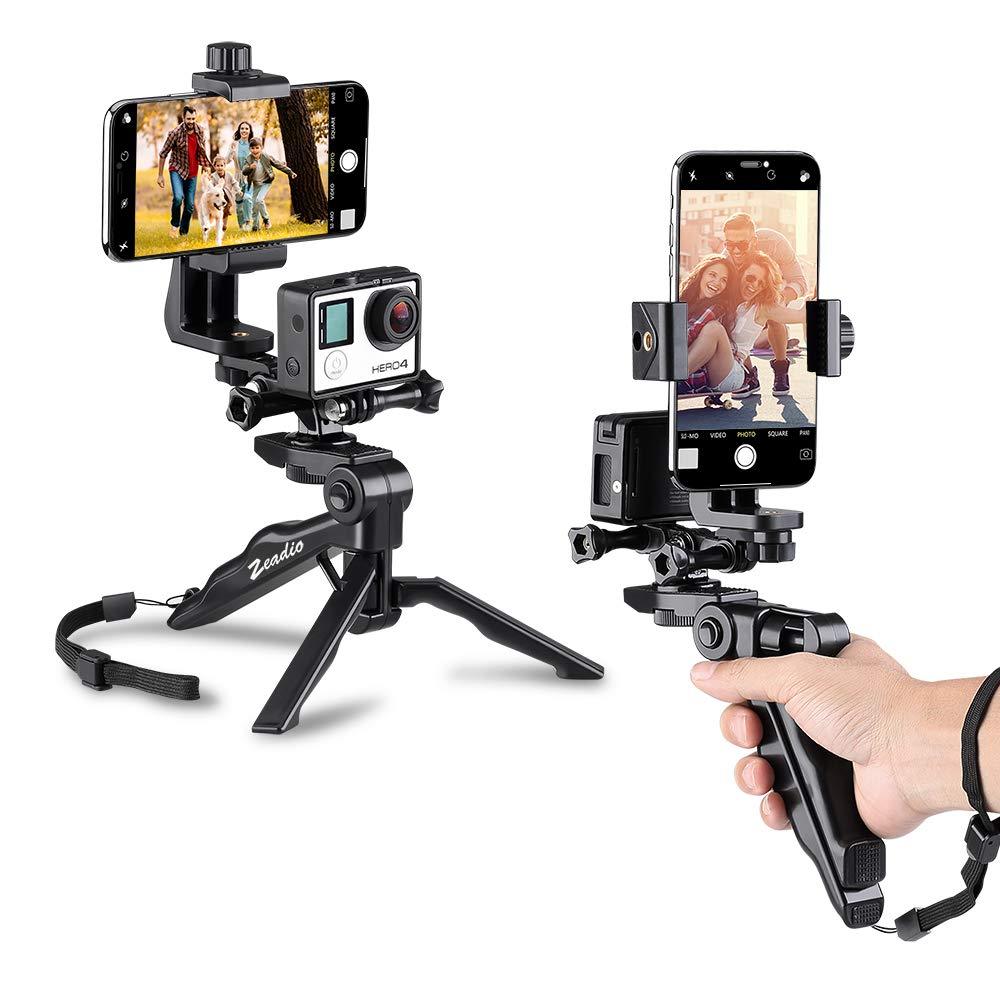 Zeadio Ergonomic Handheld Grip Stabilizer Tripod Selfie Stick Handle Steadycam Kits, Fits for All Actioncamera and All iPhone and Android Smartphones, 2 Angles Shooting Simultaneously