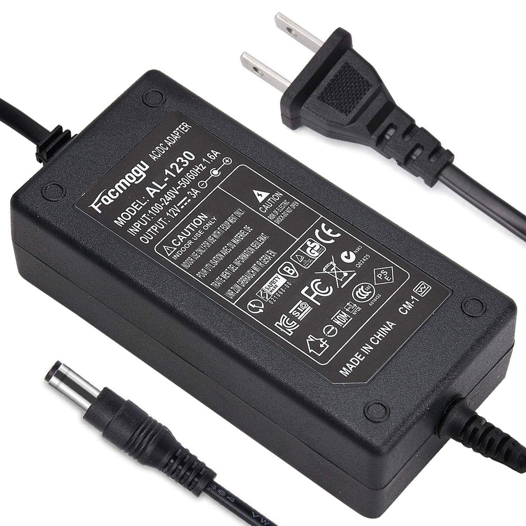 Facmogu DC 12V 3A Power Adapter, 36 Watt AC 100-240V to DC 12V Transformers, Switching Power Supply for LCD Monitor, Wireless Router, CCTV Cameras 2.1mm X 5.5mm US Plug