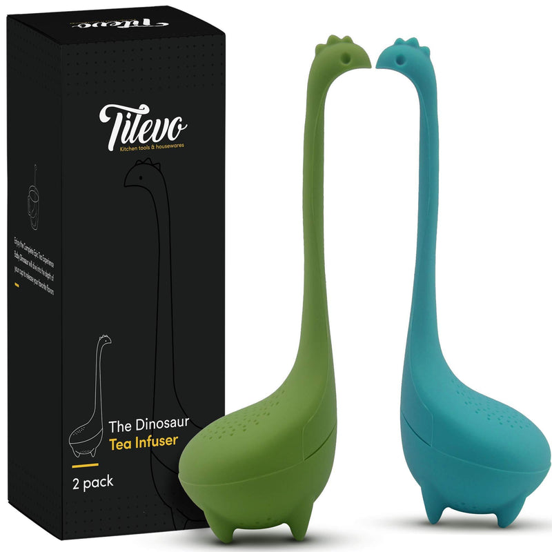 Tilevo Tea Infuser Set of 2 - Dinosaur Loose Leaf Tea Infusers with Long Handle Neck & Cute Ball Body Lake Monster Silicone Tea Strainer & Steeper with Gift Box