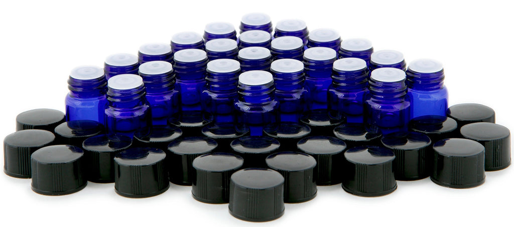 Vivaplex, 24, Cobalt Blue, 1 ml (1/4 Dram) Glass Bottles, with Orifice Reducers and Black Caps