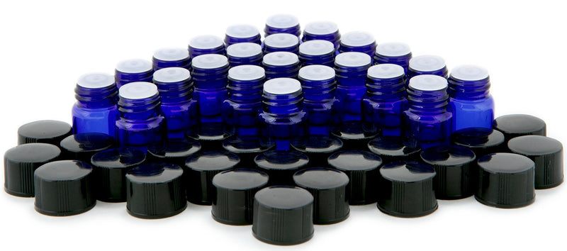 Vivaplex, 24, Cobalt Blue, 1 ml (1/4 Dram) Glass Bottles, with Orifice Reducers and Black Caps