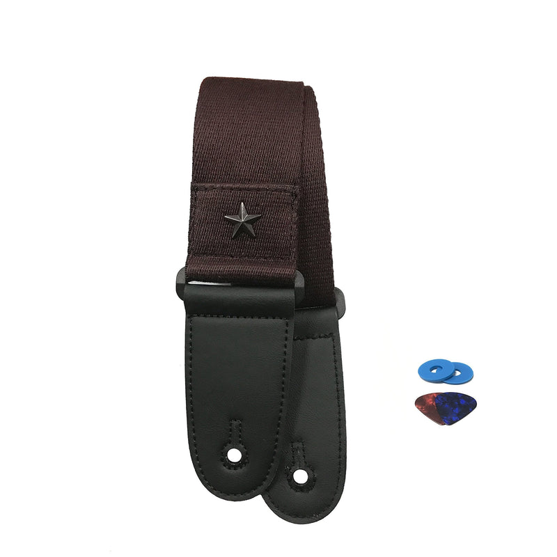 Guitar Strap Adjustable Soft Cotton with Leather End and Pick Holder Pocket for Acoustic and Electric Guitar Coffee Brown Color