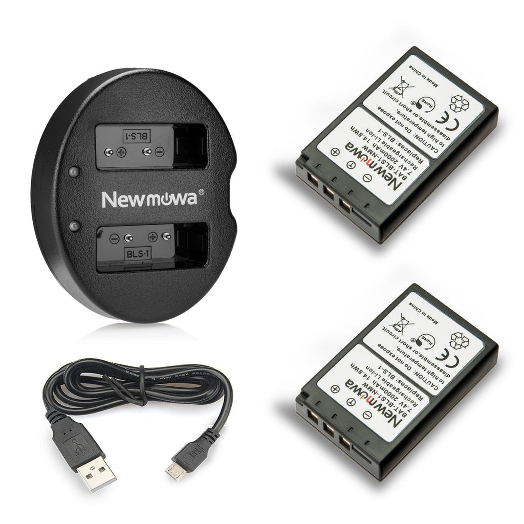 Newmowa BLS-1 Replacement Battery (2-Pack) and Dual USB Charger for Olympus PS-BLS1, BLS-1 Batteries and Olympus PEN E-PL1, E-PM1, EP3, EPL3, Evolt E-420, E-620,E-450, E-400, E-410 Digital SLR Cameras