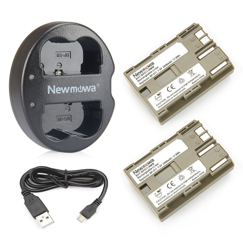 Newmowa BP-511 Replacement Battery(2-Pack) and Dual USB Charger for Canon EOS 5D, 50D, 40D, 20D, 30D, 10D, Digital Rebel, D60, 300D, D30