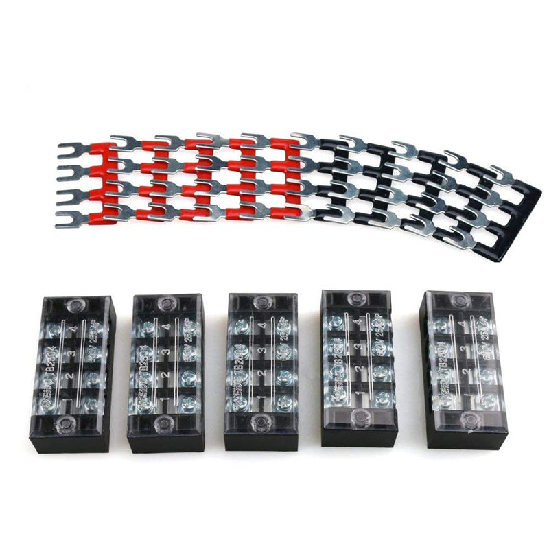 URBEST 5Pcs Terminal Block 4 Position Dual Row Screw Covered Strip 600V 25A with 400V 25A 4 Position Pre Insulated Terminal Barrier Strip Red/Black 10Pcs