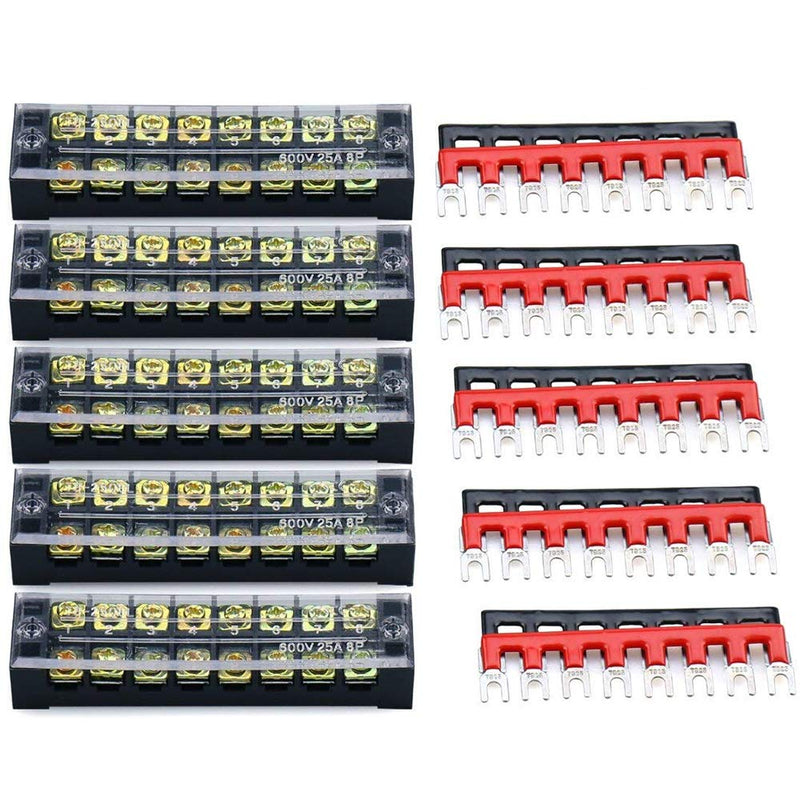 [AUSTRALIA] - URBEST 5Pcs Terminal Block Barrier Strip 600V 25A Dual Row 12 Position Screw Block and 12 Postion 400V 25A Pre-Insulated Fork Terminal Strip Black/Red 10Pcs 