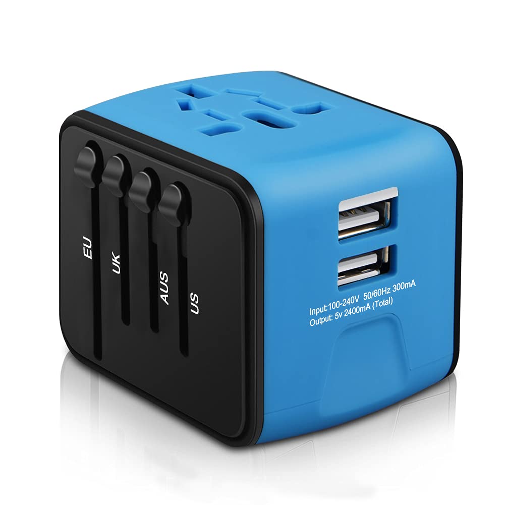 HAOZI Universal Travel Adapter, All-in-one International Power Adapter with 2.4A Dual USB, European Adapter Travel Power Adapter Wall Charger for UK, EU, AU, Asia Covers 150+Countries (Blue) Blue