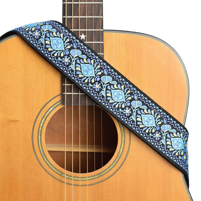 CLOUDMUSIC Guitar Strap Jacquard Weave Strap With Leather Ends Vintage Classical Pattern Design With Guitar Picks Blue