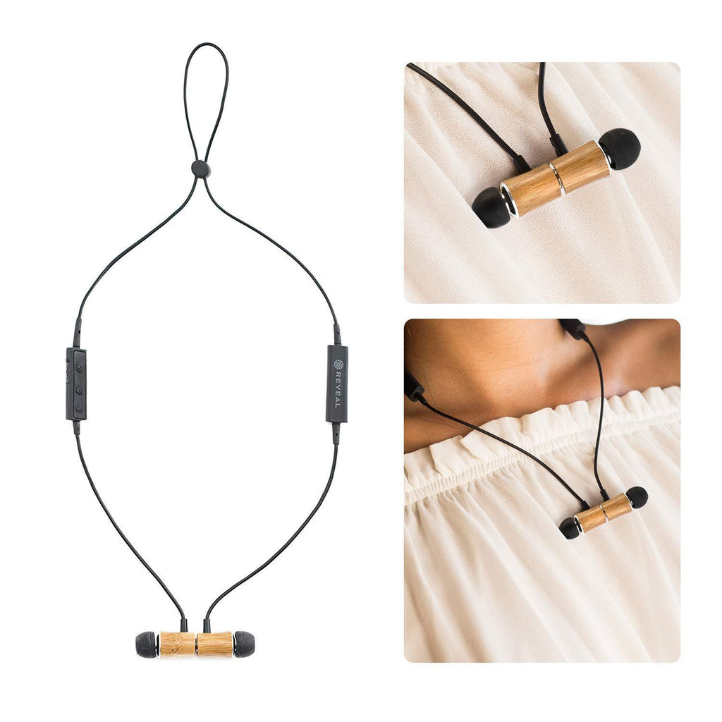 Bamboo Wood Bluetooth Headphones - Magnetic Wood Earbuds, Wear on-The-go, Necklace Style by Reveal Shop - Stylish Wooden Wireless in Ear Earphones with Microphone & Volume Control for Men & Women Bamboo