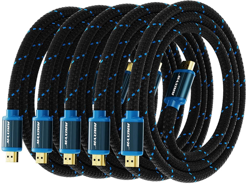 Maximm High-Speed HDMI 2.0 4K Nylon Braided Cable, 2 Feet, 5-Pack (Includes Cable Clips, Ties and Right Angle Adapter) 5 Pack
