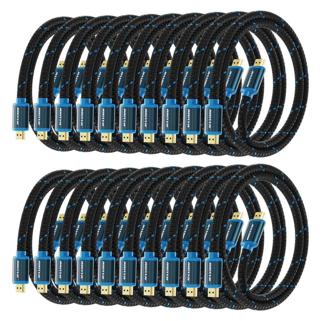 Maximm High-Speed HDMI 2.0 4K Nylon Braided Cable, 1.5 Feet, 20-Pack (Includes Cable Clips, Ties and Right Angle Adapter) 20 Pack