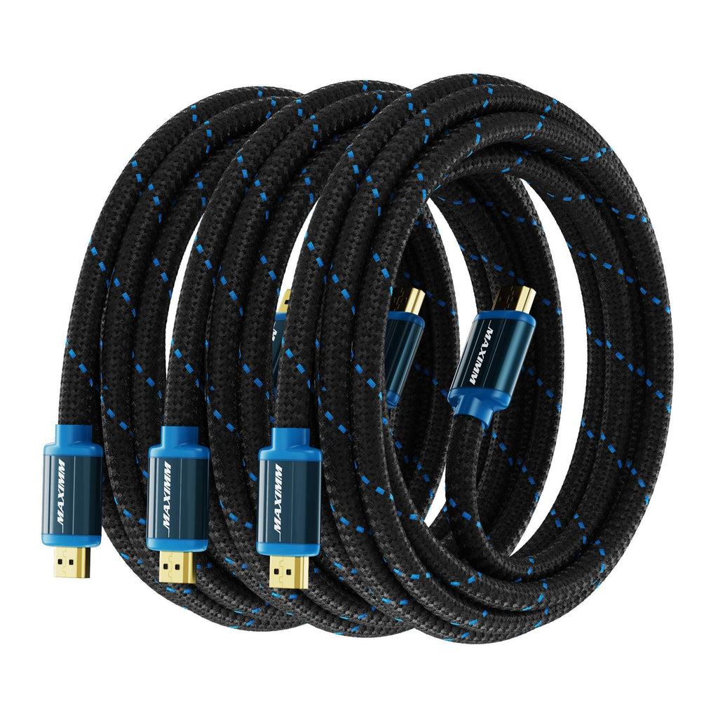 Maximm High-Speed HDMI 2.0 4K Nylon Braided Cable, 8 Feet, 3-Pack (Includes Cable Clips, Ties and Right Angle Adapter) 3 Pack