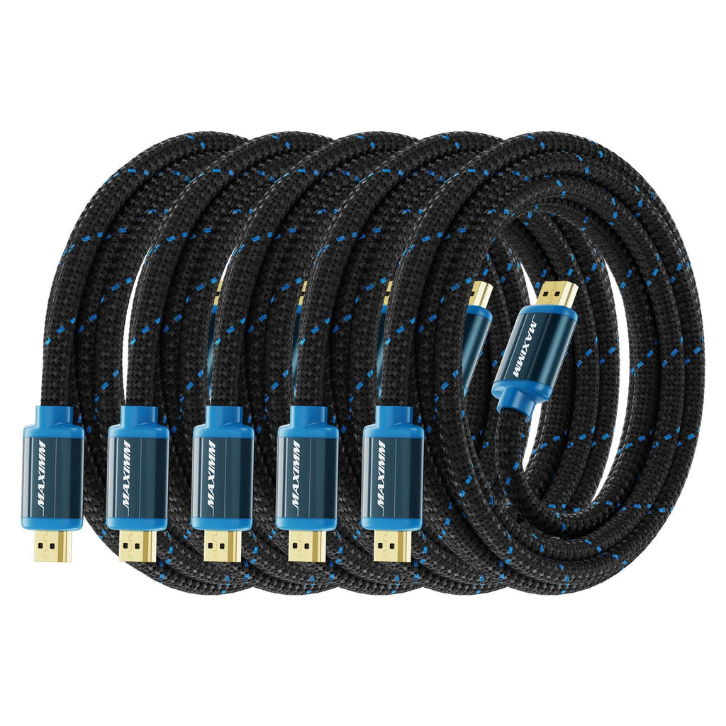 Maximm High-Speed HDMI 2.0 4K Nylon Braided Cable, 8 Feet, 5-Pack (Includes Cable Clips, Ties and Right Angle Adapter) 5 Pack