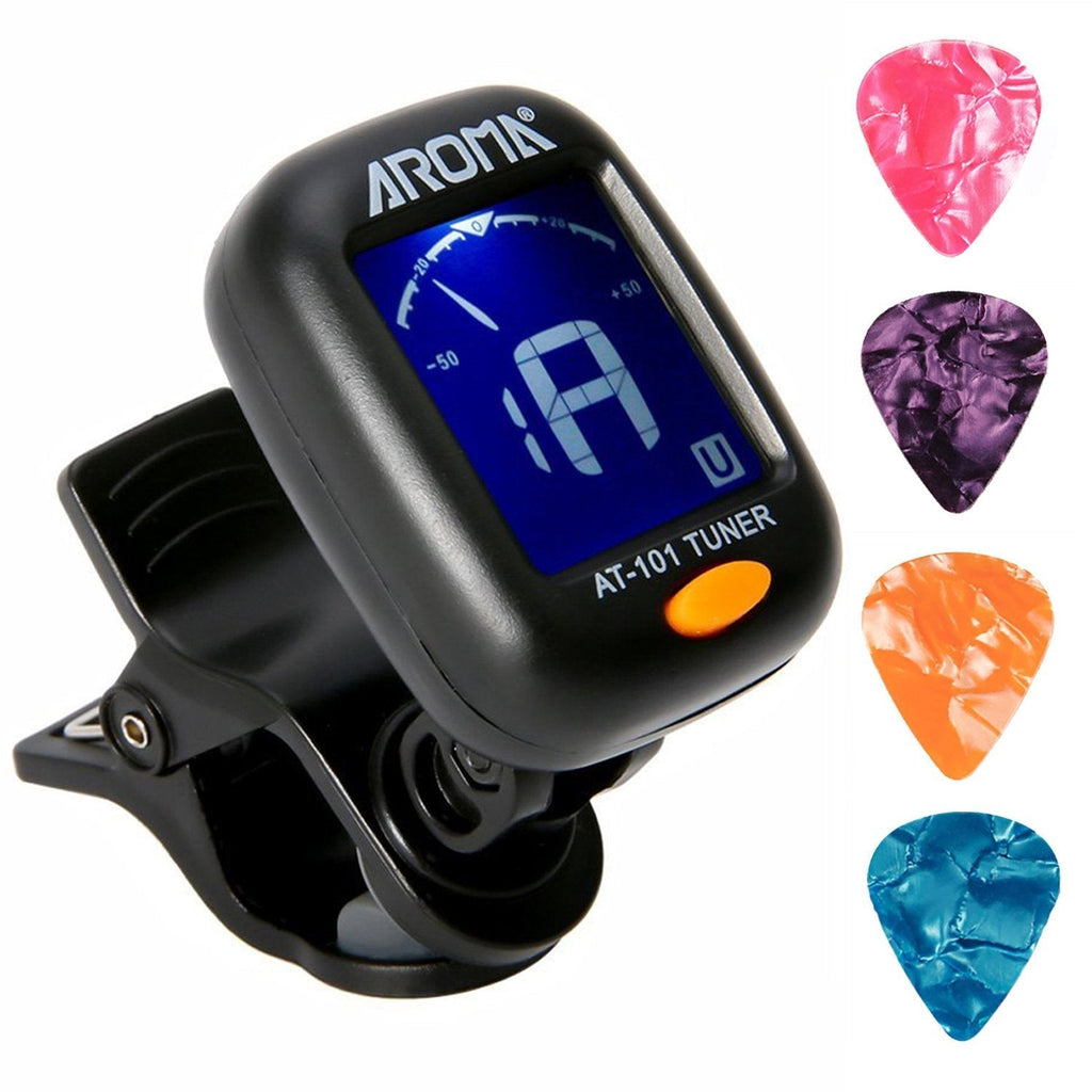 Clip On Guitar Tuner For All Instruments, Ukulele, Guitar, Bass, Mandolin, Violin, Banjo, Large Clear LCD Display For Guitar Tuner, Chromatic Tuner, 4 PCS Guitar Picks Included