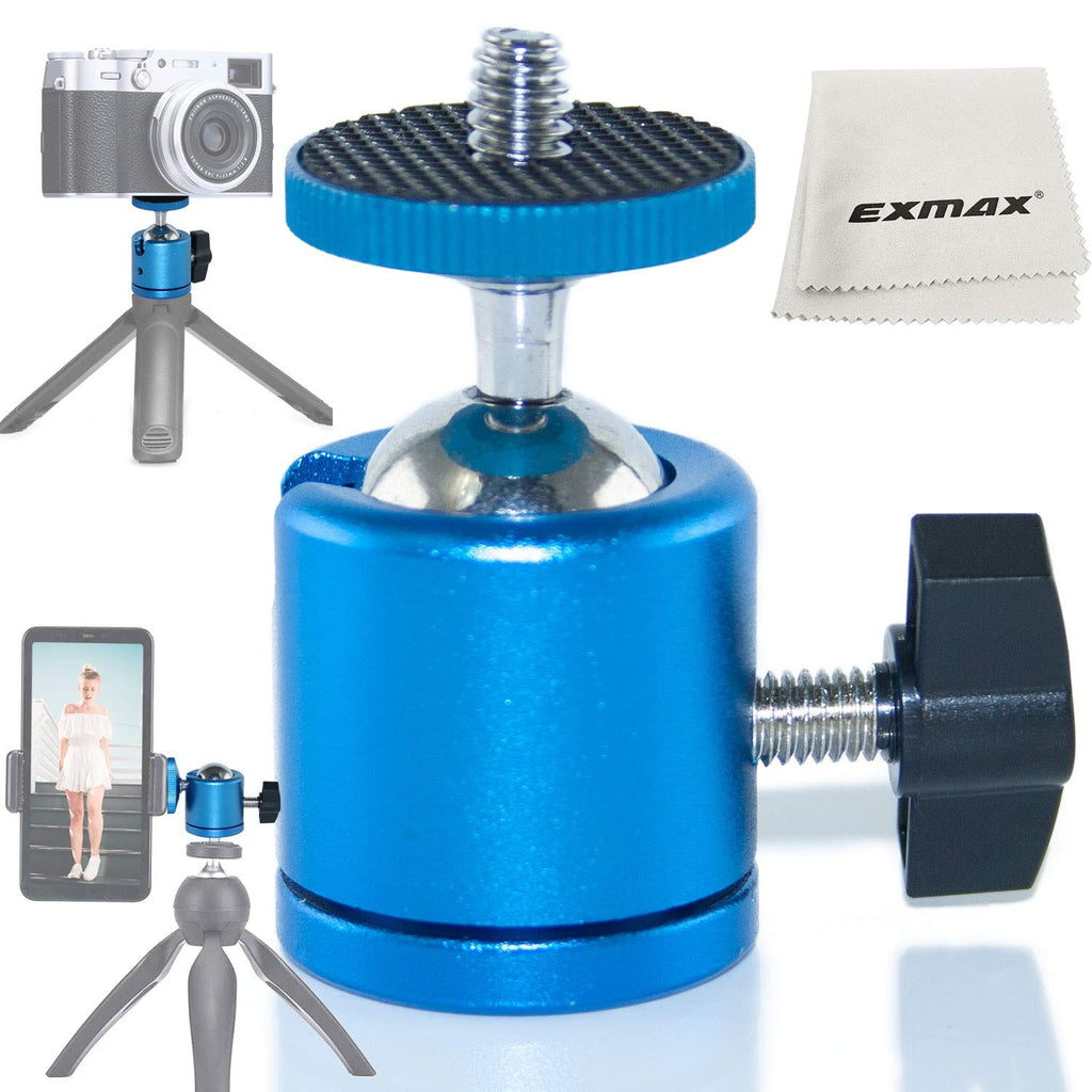 EXMAX Mini Ball Head Aluminum Alloy Tripod Ball Head with 1/4" Screw Thread Base Mount 360 Degree Rotatable for Monopods DSLR Cameras HTC Vive Camcorder Light Stand Ring Light Max. Load 4.4lbs (Blue) Blue