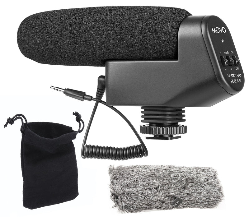 Movo VXR700 Shotgun Condenser Video Microphone with Integrated Shockmount, 10dB Gain Switch, Low Cut Filter, Foam and Deadcat Windscreens and Carry Case - for DSLR Cameras and Camcorders