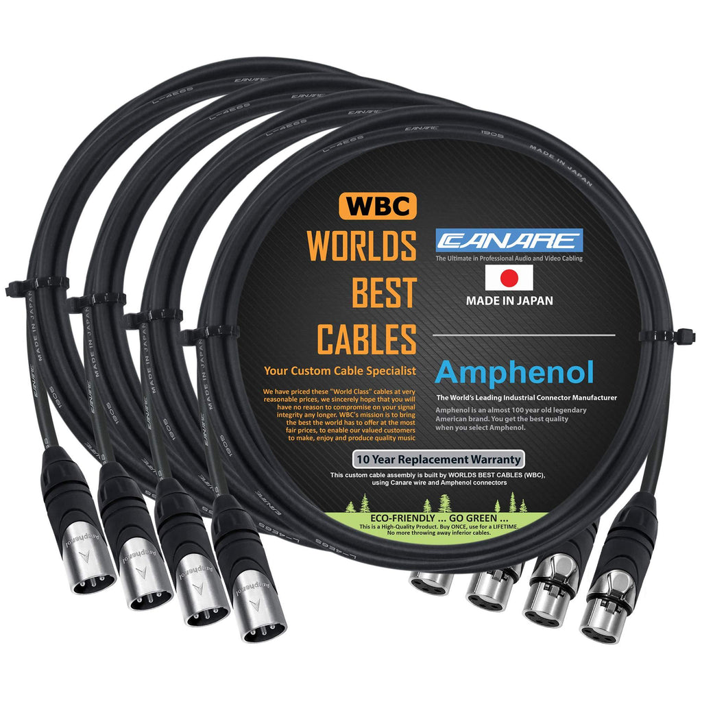 4 Units - 6 Foot - Canare L-4E6S, Star Quad Balanced Male to Female Microphone Cables with Amphenol AX3M & AX3F Silver XLR Connectors - Custom Made by WORLDS BEST CABLES