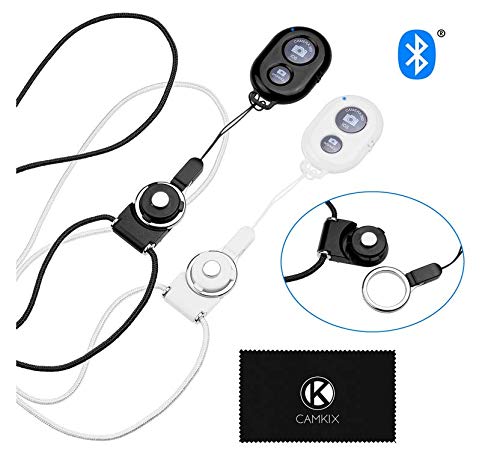 2X CamKix Camera Shutter Remote Control with Bluetooth Wireless Technology - Black+White - Lanyard with Detachable Ring Mount - Pictures/Video Wirelessly at 30 ft Compatible with iPhone/Android Black & White - 2 pack