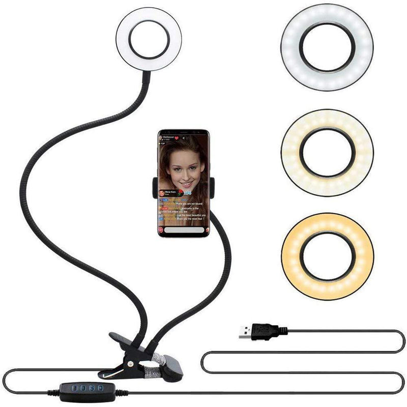 Velouer Selfie Ring Light with Cell Phone Holder Stand for Live Stream/Makeup, LED Camera Lighting [3-Light Mode] [10-Level Brightness] with Flexible Arms Compatible with iPhone 8 7 6 Plus X Android Black