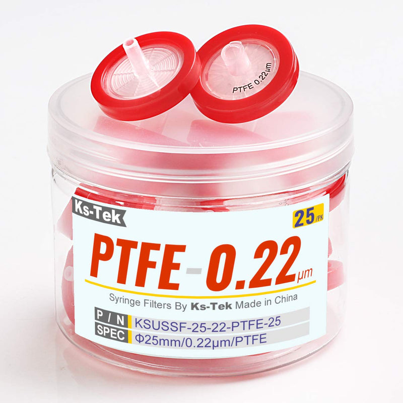 Syringe Filters PTFE Hydrophobic 25 mm 0.22 um Non Sterile 25/pk by KS-Tek PTFE 25mm 0.22μm 25pcs