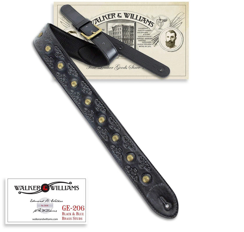 Walker & Williams GE-206 Glazed Black Viking Style Guitar Strap with Antiqued Brass Coin Studs