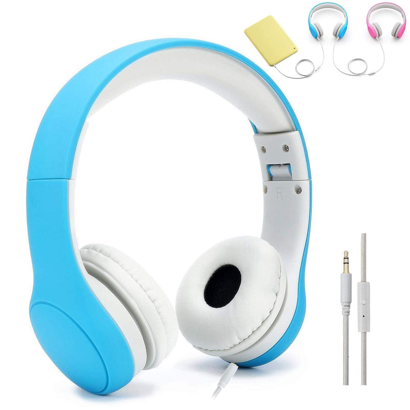 [Volume Limited] KPTEC Kids Safety Foldable On-Ear Headphones with Mic, Volume Controlled at Max 93dB to Prevent Noise-induced Hearing Loss (NIHL), Passive Noise Reduction, Wired Earbuds,Blue Blue