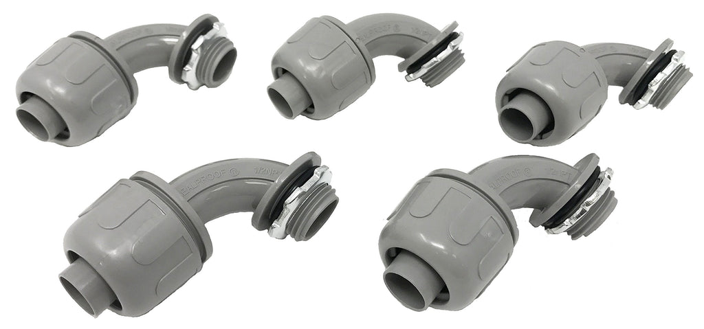 Sealproof 1/2-Inch Nonmetallic Liquid-Tight 90-Degree Electrical Conduit Connector Fitting, 1/2" Dia, 5-Pack