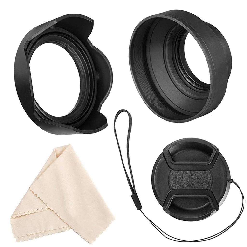 Veatree 67mm Lens Hood Set, Collapsible Rubber Lens Hood with Filter Thread + Reversible Tulip Flower Lens Hood + Center Pinch Lens Cap + Microfiber Lens Cleaning Cloth