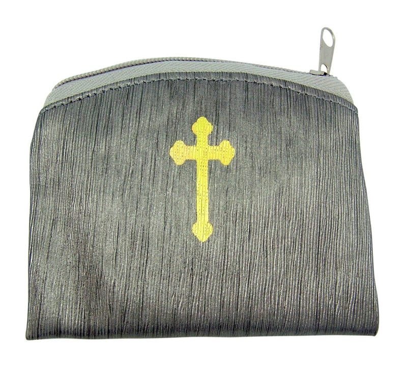 Bamboo Textured Pewter Rosary Case with Gold Stamped Budded Cross, 3 7/8 Inch