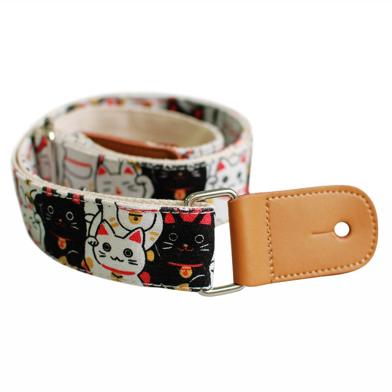 MUSIC FIRST Original Design “Fortune Cats (Maneki Neko)” Soft Cotton & Genuine Leather Ukulele Strap Ukulele Shoulder Strap