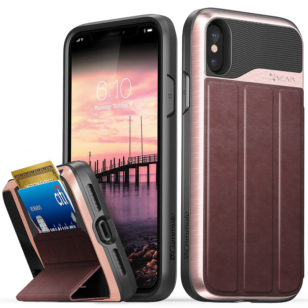Vena iPhone Xs/X Wallet Case, [vCommute][Military Grade Drop Protection] Flip Leather Cover Card Slot Holder with Kickstand Compatible with Apple iPhone Xs 2018 / X 2017 5.8" (Rose Gold/Black) Rose Gold/Black