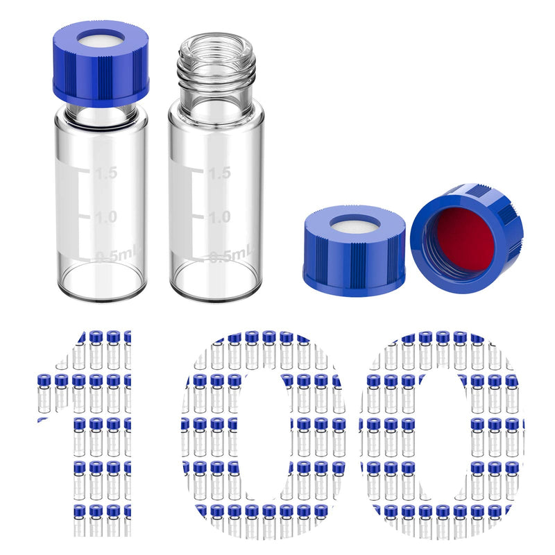 Autosampler Vials, Membrane Solutions 2ml HPLC Vials, 9-425 Lab Clear Vials with Write-on Spot and Graduations, 9mm Blue ABS Screw Caps & Septa for GC Sample Vials, 100 Pcs 100pcs Clear Vial & Red PTFE septa