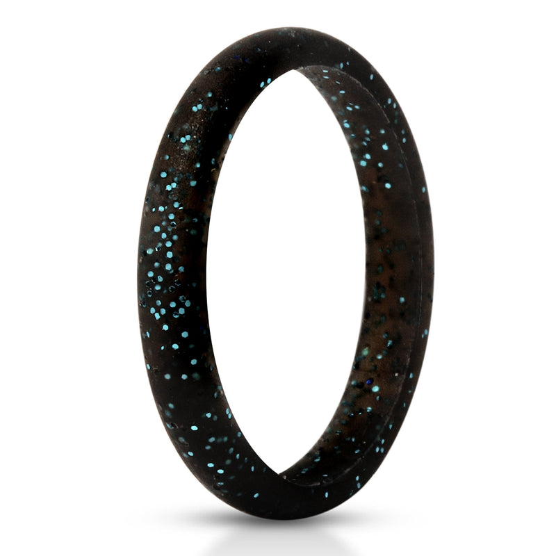 ThunderFit Silicone Wedding Band for Women,Thin Stackable 1 Ring - 2.5mm Width - 2mm Thick Black with Teal Glitter 3.5-4(14.9mm)