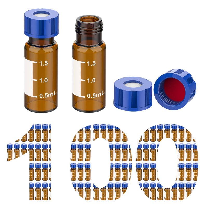 Autosampler Vials, Membrane Solutions 2ml HPLC Vials, 9-425 Lab Amber Vials with Write-on Spot and Graduations, 9mm Blue ABS Screw Caps & Septa for GC Sample Vials, 100 Pcs 100pcs Amber Vial & Red PTFE septa