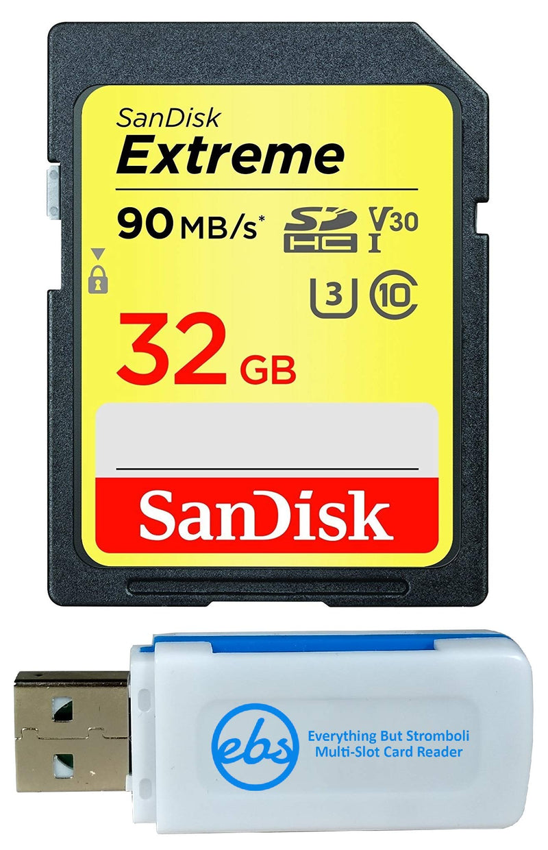 SanDisk 32GB Extreme Memory Card works with Panasonic Lumix ZS50, FZ80, DMC-LX10K, G7, DMC-TS30A,DC-ZS70S, GX85, DMC-FZ70 Digital DSLR Camera SDHC 4K V30 UHS-I with Everything But Stromboli Reader