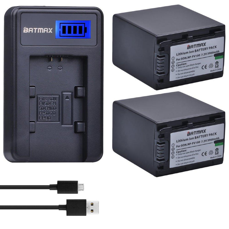 Batmax 2pcs 3900mAh NP-FV100 Battery + LCD USB Charger for Sony NP-FV100 Sony HDR-CX110, HDR-CX130/B, HDR-CX160/B, HDR-XR160, HDR-CX360V, HDR-CX560V, HDR-CX700V, HDR-PJ10, HDR-PJ30V, HDR-PJ50V