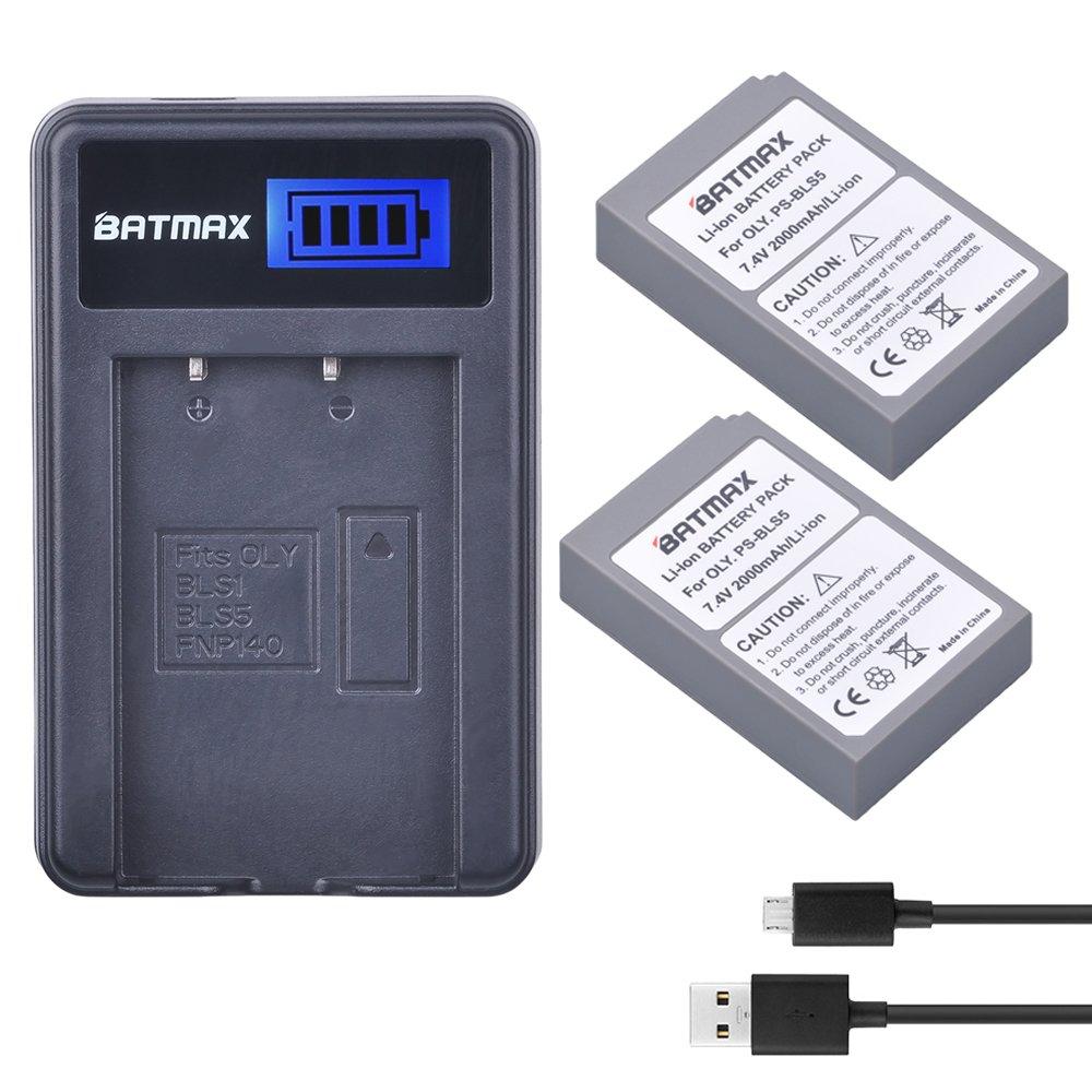 Batmax 2000mAh 2Pcs PS-BLS-5 BLS-50 Battery + LCD USB Charger for Olympus BLS-5, BLS-50,E-PL2,E-PL5,E-PL6,E-PL7,E-PL8, E-PL9, E-PL10,E-PM2,OM-D E-M10,E-M10 Mark II,III,E-M10 IV,Stylus1 Cameras