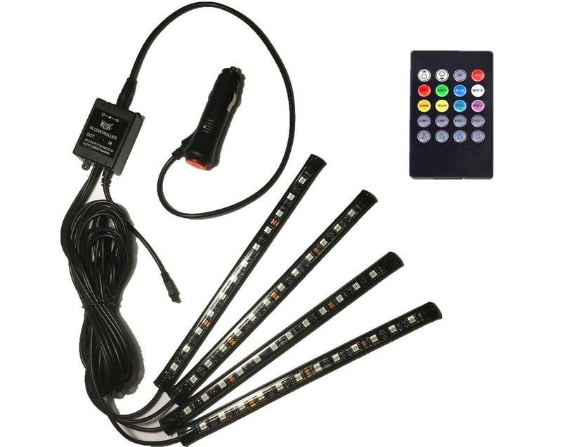 Safe View Car LED Strip Light, 4pcs 48 LED DC 12V Multicolor Music Car Interior Light LED Under Dash Lighting Kit with Sound Active Function and Wireless Remote Control, Car Charger